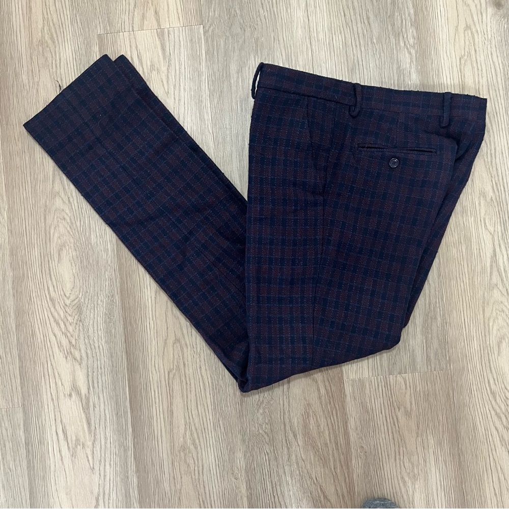 Men's Made in Italy Navy and Red Wool Checkered Pants